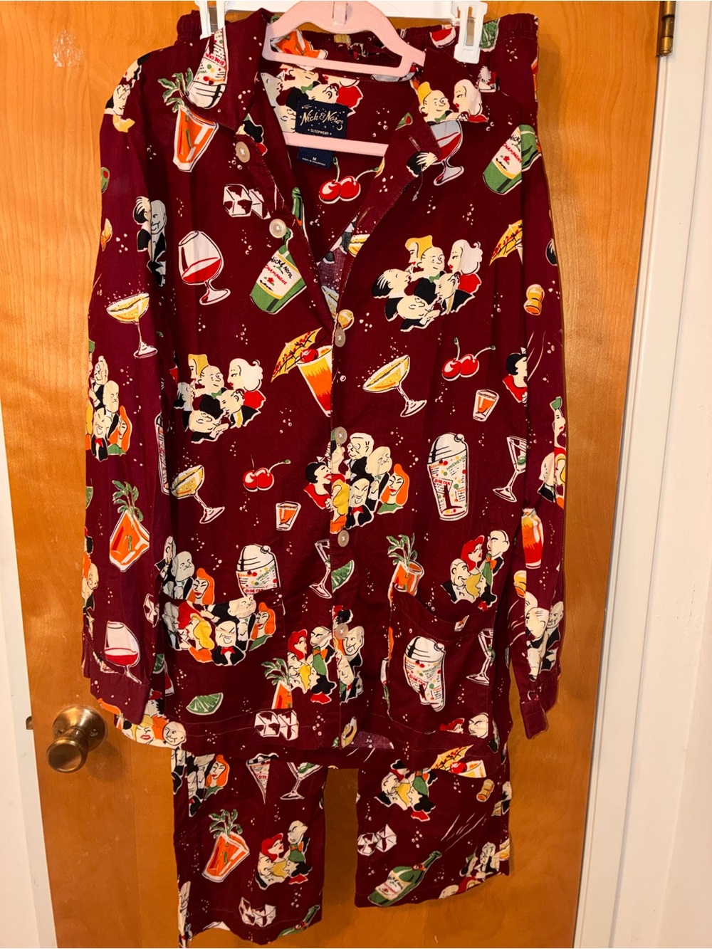 Nick Nora Maroon Cocktail-Print Pajama Set M